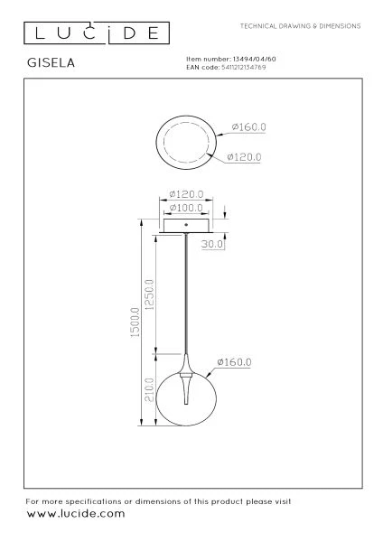 Lucide Premium GISELA - Pendant light - Ø 16 cm - LED - 1x5W 2700K - Transparant - technical